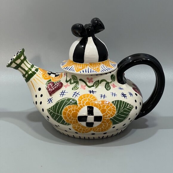 Vintage Meg Johnson Whimsical Teapot Ceramic Pottery Handmade and Painted Design - Picture 2 of 8